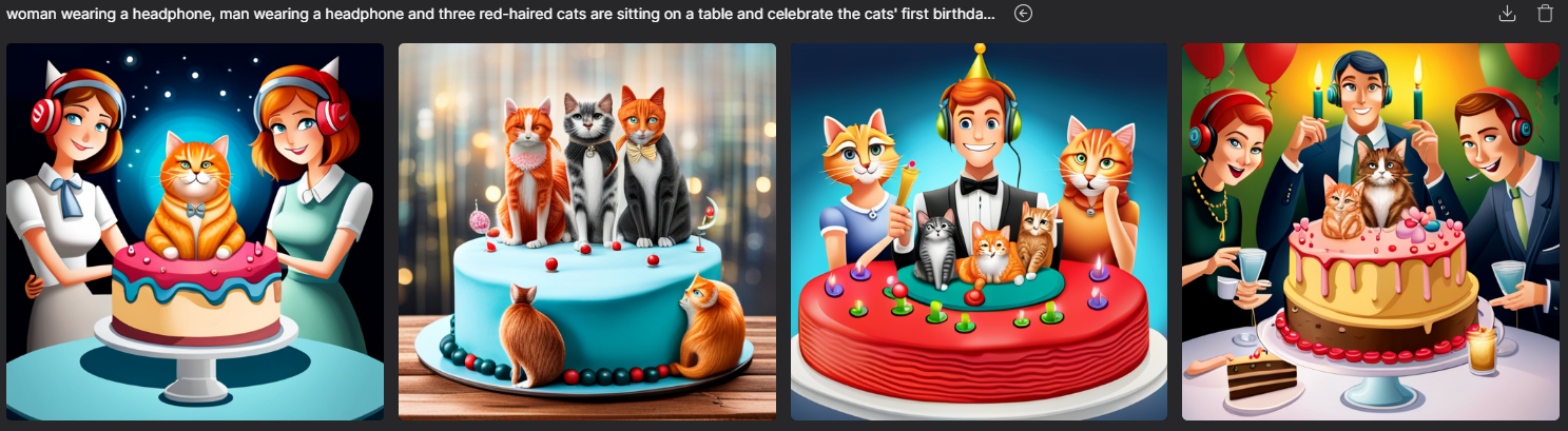 Vier Bilder, bei denen versucht wurde, 2 Podcaster*innen und drei rothaarige Katzen darzustellen, die Geburtstag feiern.